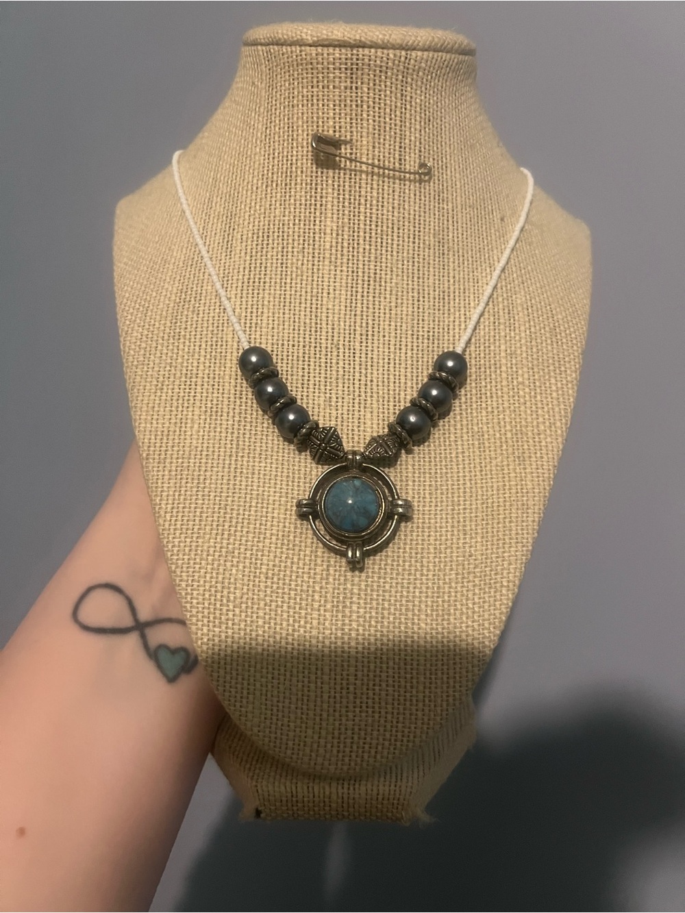 #102. Handmade Blue Stone Pendant Necklace with Antique Gold Accents - Picture 3 of 5
